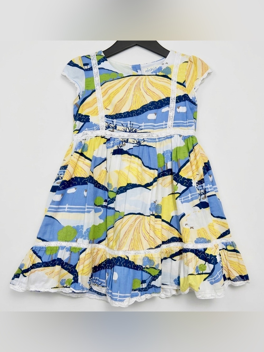 Mini Boden Countryside Sheep Blue & Yellow Cotton Dress SIZE 4/5